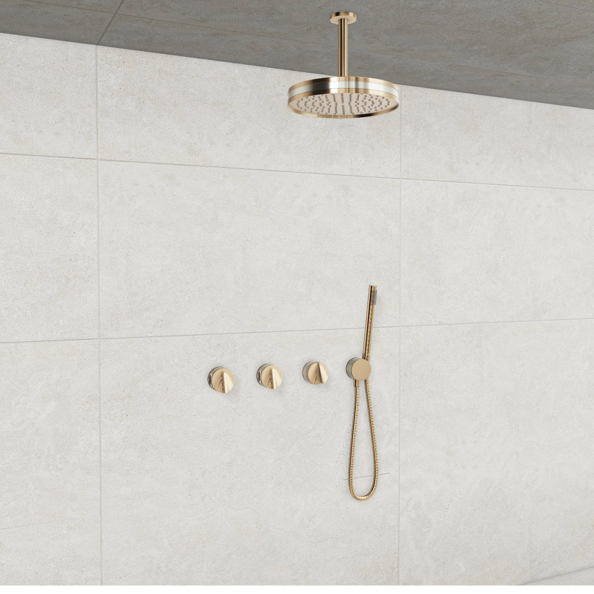 Baril Flora B47 ceiling-mount thermostatic shower system in Gold with Polished Nickel accents — TRR-3302-47
