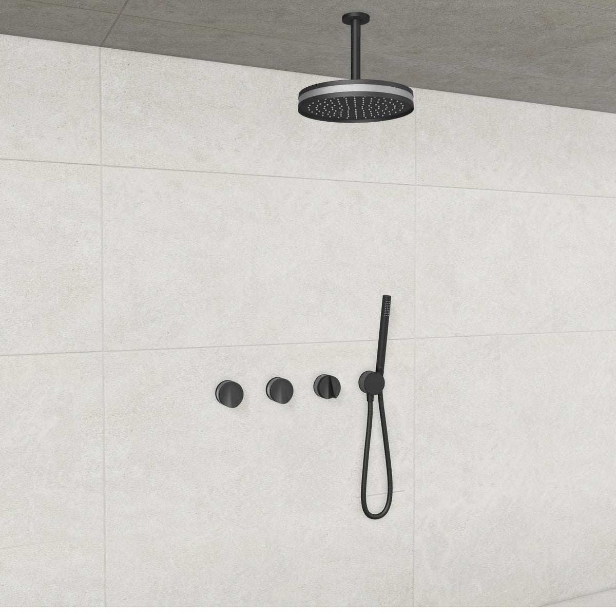 Baril Flora B47 ceiling-mount thermostatic shower system in Matte Black with Matte Silver accents — TRR-3302-47