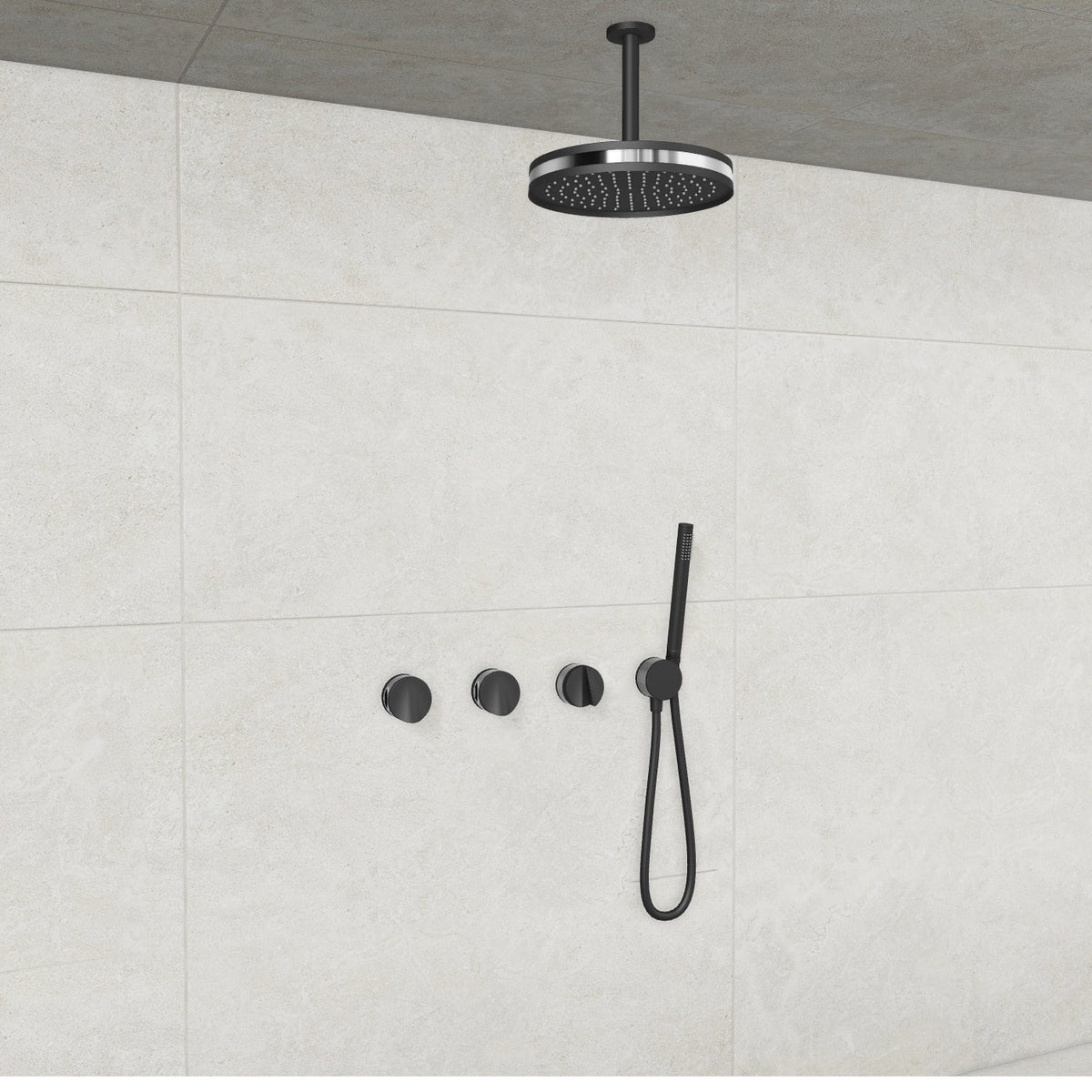 Baril Flora B47 ceiling-mount thermostatic shower system in Matte Black with Chrome accents — TRR-3302-47