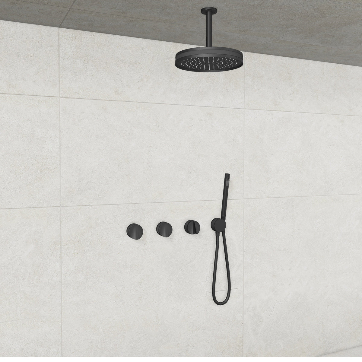 Baril Flora B47 ceiling-mount thermostatic shower system in Matte Black with Smokey accents — TRR-3302-47