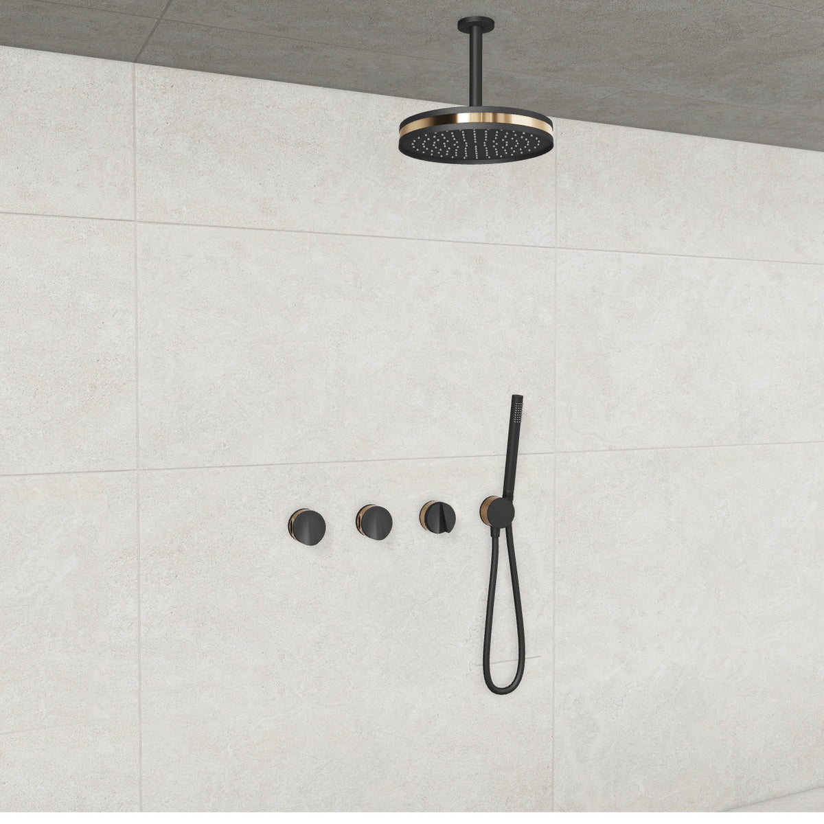 Baril Flora B47 ceiling-mount thermostatic shower system in Matte Black with Gold accents — TRR-3302-47