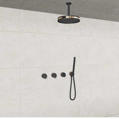 Baril Flora B47 ceiling-mount thermostatic shower system in Matte Black with Gold accents — TRR-3302-47