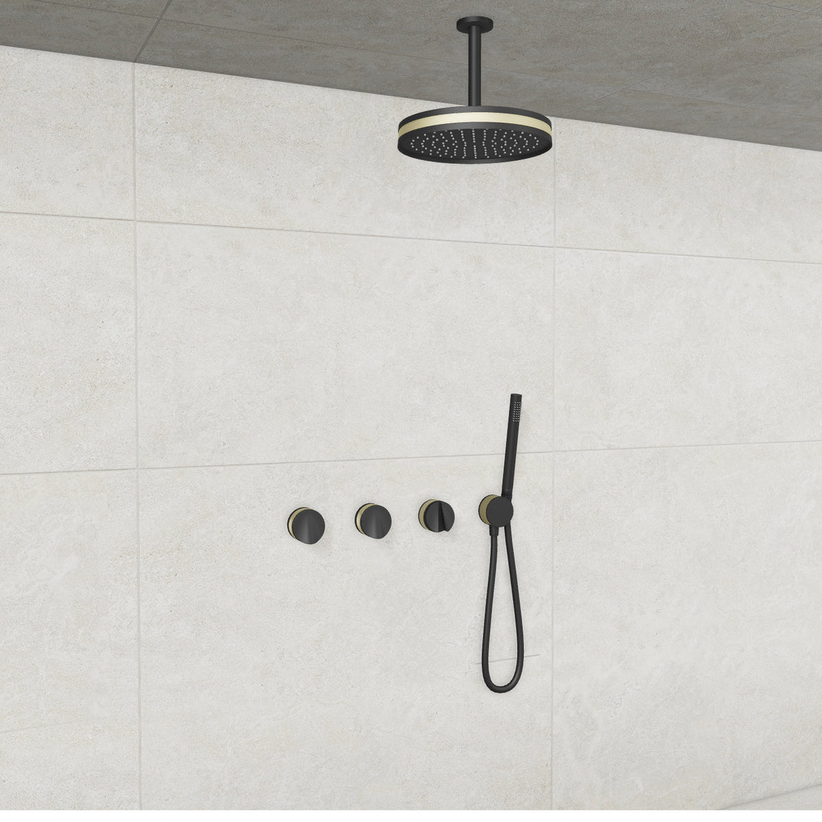 Baril Flora B47 ceiling-mount thermostatic shower system in Matte Black with Satin Brass accents — TRR-3302-47