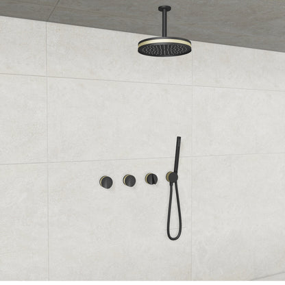 Baril Flora B47 ceiling-mount thermostatic shower system in Matte Black with Satin Brass accents — TRR-3302-47