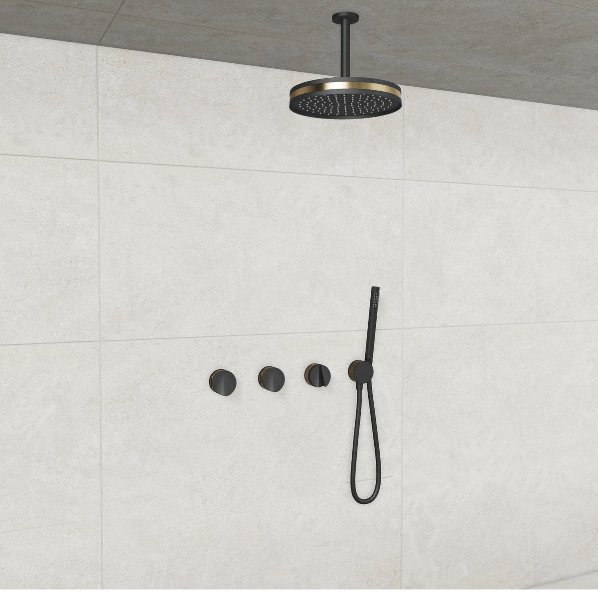 Baril Flora B47 ceiling-mount thermostatic shower system in Matte Black with Warm Gold accents — TRR-3302-47