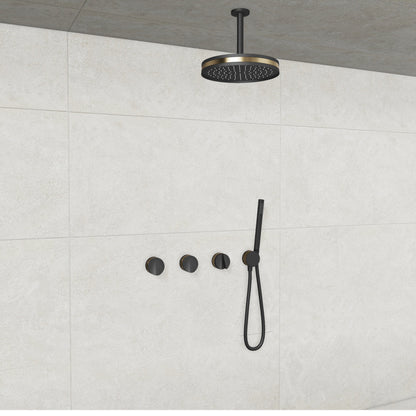 Baril Flora B47 ceiling-mount thermostatic shower system in Matte Black with Warm Gold accents — TRR-3302-47