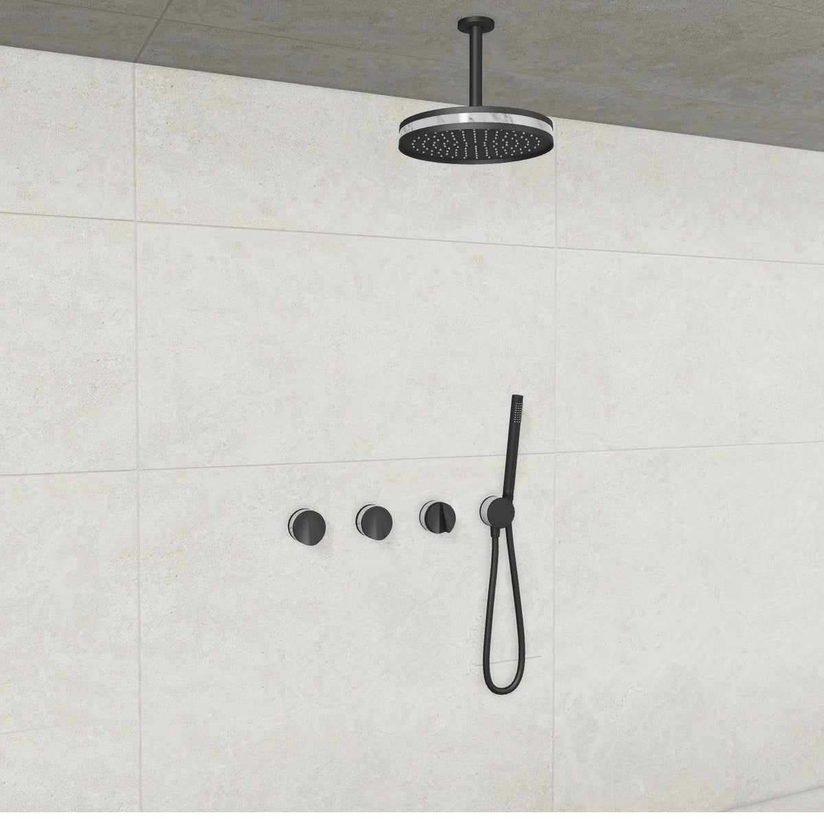 Baril Flora B47 ceiling-mount thermostatic shower system in Matte Black with Marble accents — TRR-3302-47