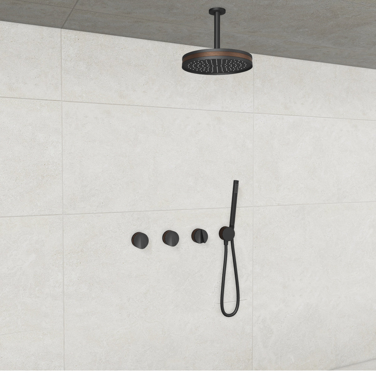 Baril Flora B47 ceiling-mount thermostatic shower system in Matte Black with Venetian Bronze accents — TRR-3302-47