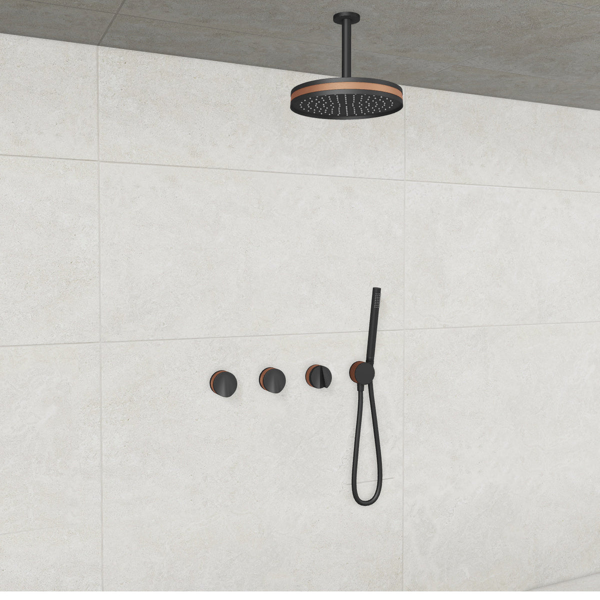 Baril Flora B47 ceiling-mount thermostatic shower system in Matte Black with Satin Copper accents — TRR-3302-47
