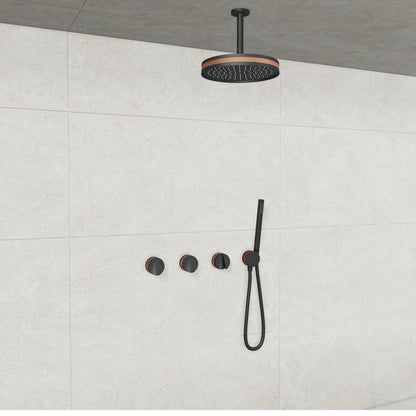 Baril Flora B47 ceiling-mount thermostatic shower system in Matte Black with Satin Copper accents — TRR-3302-47