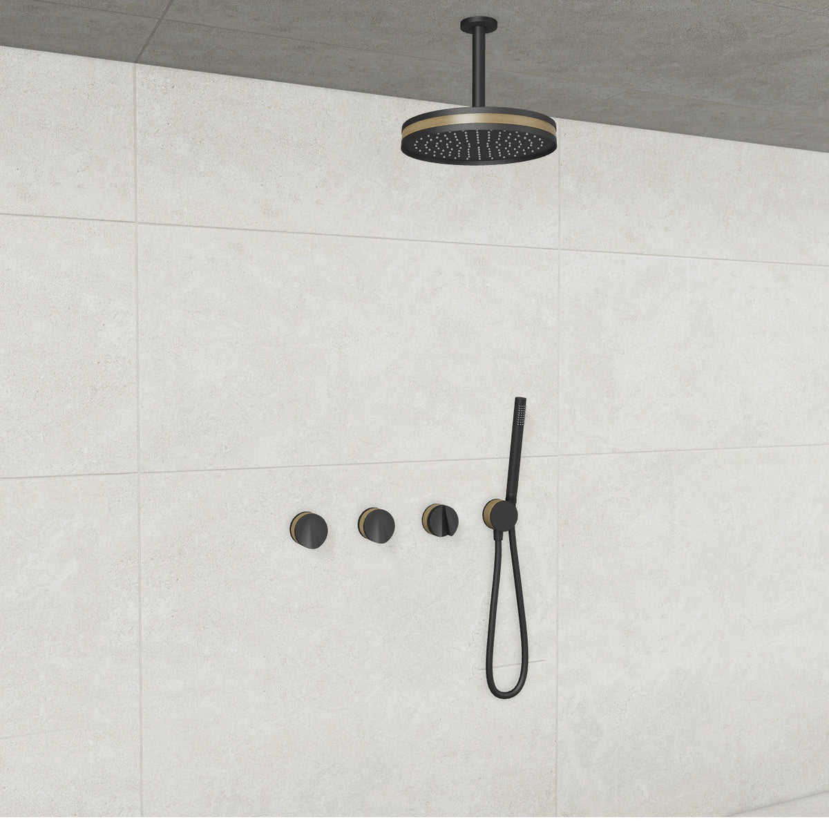 Baril Flora B47 ceiling-mount thermostatic shower system in Matte Black with Wood accents — TRR-3302-47