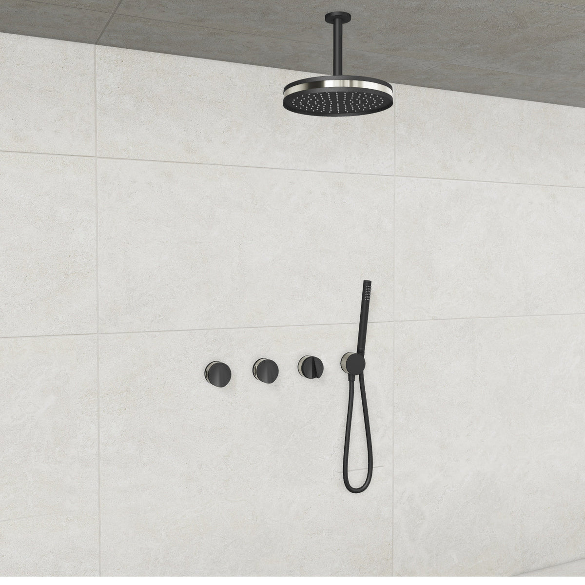 Baril Flora B47 ceiling-mount thermostatic shower system in Matte Black with Polished Nickel accents — TRR-3302-47