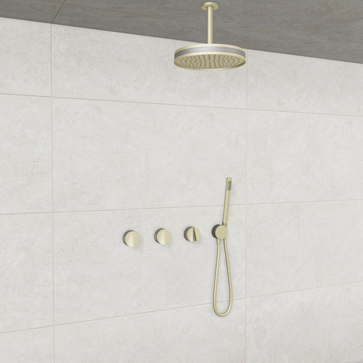 Baril Flora B47 ceiling-mount thermostatic shower system in Satin Brass with Matte Silver accents — TRR-3302-47