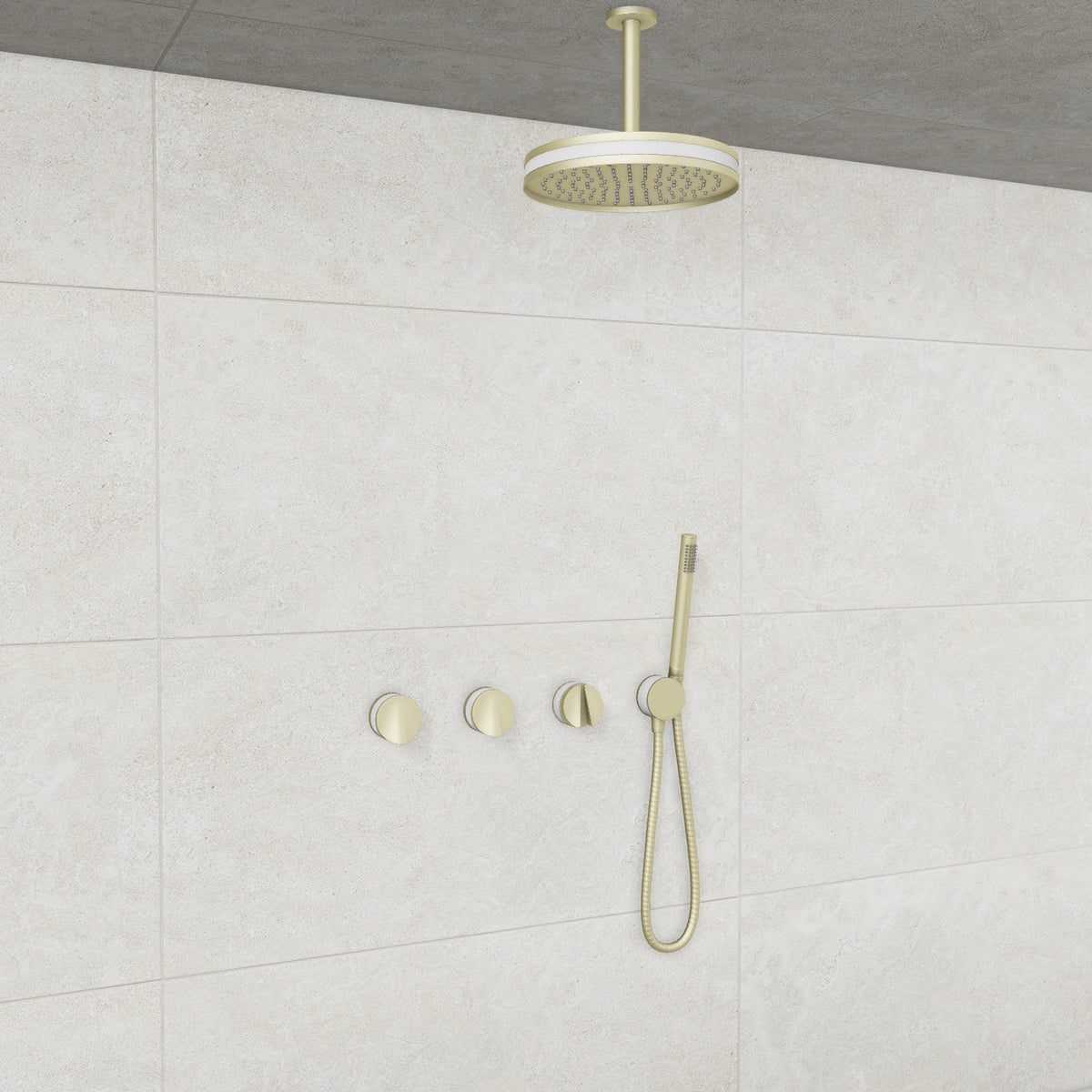 Baril Flora B47 ceiling-mount thermostatic shower system in Satin Brass with White accents — TRR-3302-47