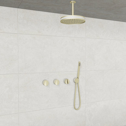 Baril Flora B47 ceiling-mount thermostatic shower system in Satin Brass with White accents — TRR-3302-47