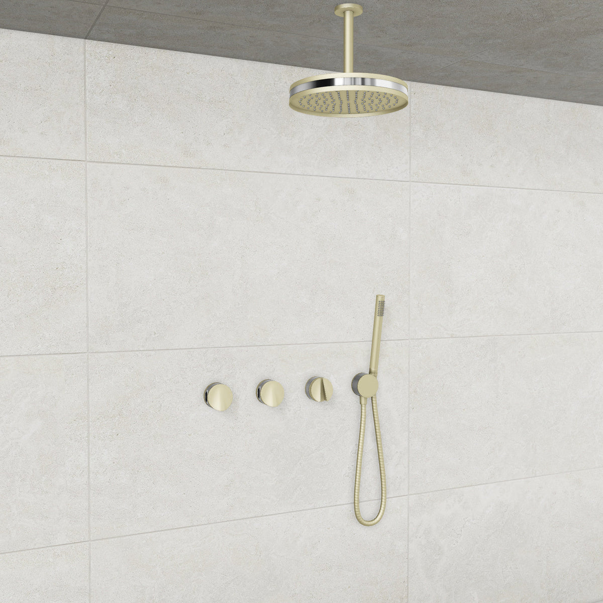 Baril Flora B47 ceiling-mount thermostatic shower system in Satin Brass with Chrome accents — TRR-3302-47