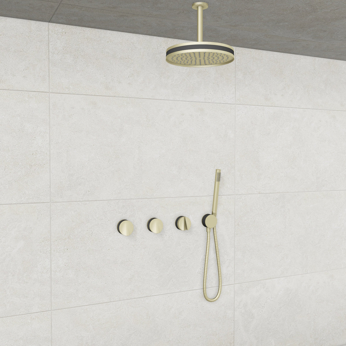 Baril Flora B47 ceiling-mount thermostatic shower system in Satin Brass with Smokey accents — TRR-3302-47