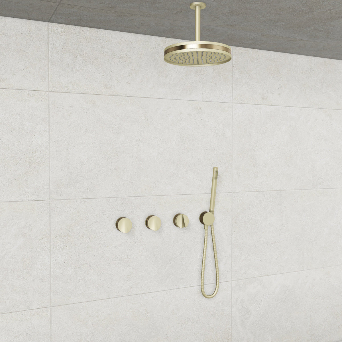 Baril Flora B47 ceiling-mount thermostatic shower system in Satin Brass with Warm Gold accents — TRR-3302-47