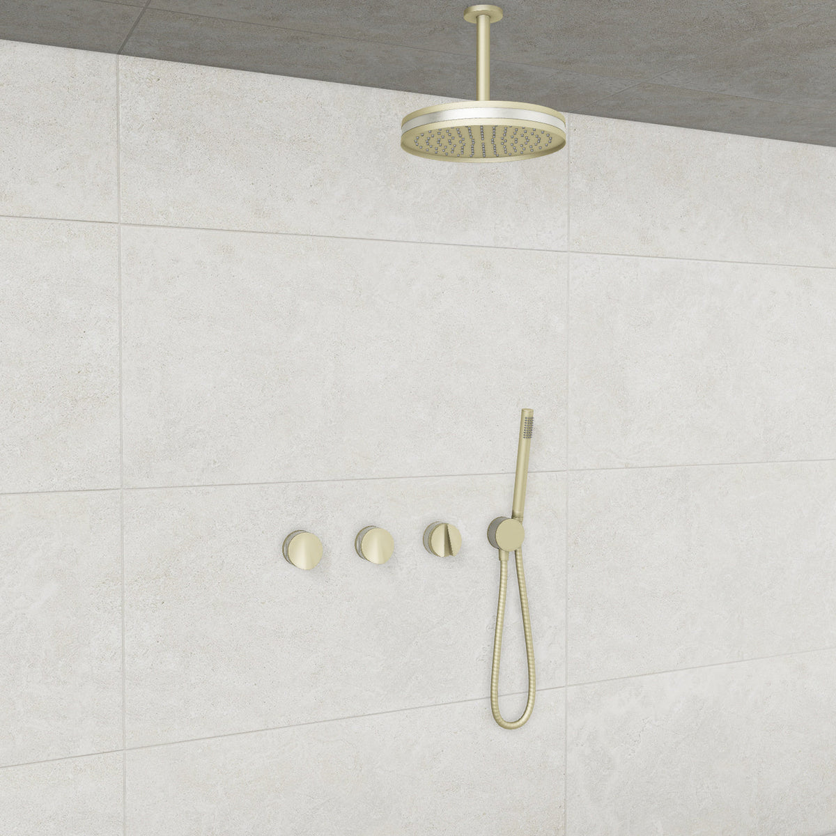 Baril Flora B47 ceiling-mount thermostatic shower system in Satin Brass with Brushed Nickel accents — TRR-3302-47