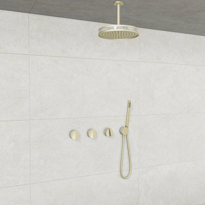 Baril Flora B47 ceiling-mount thermostatic shower system in Satin Brass with Marble accents — TRR-3302-47