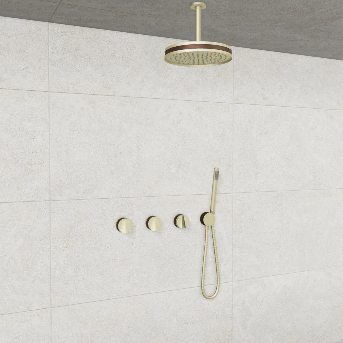 Baril Flora B47 ceiling-mount thermostatic shower system in Satin Brass with Venetian Bronze accents — TRR-3302-47