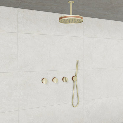 Baril Flora B47 ceiling-mount thermostatic shower system in Satin Brass with Satin Copper accents — TRR-3302-47