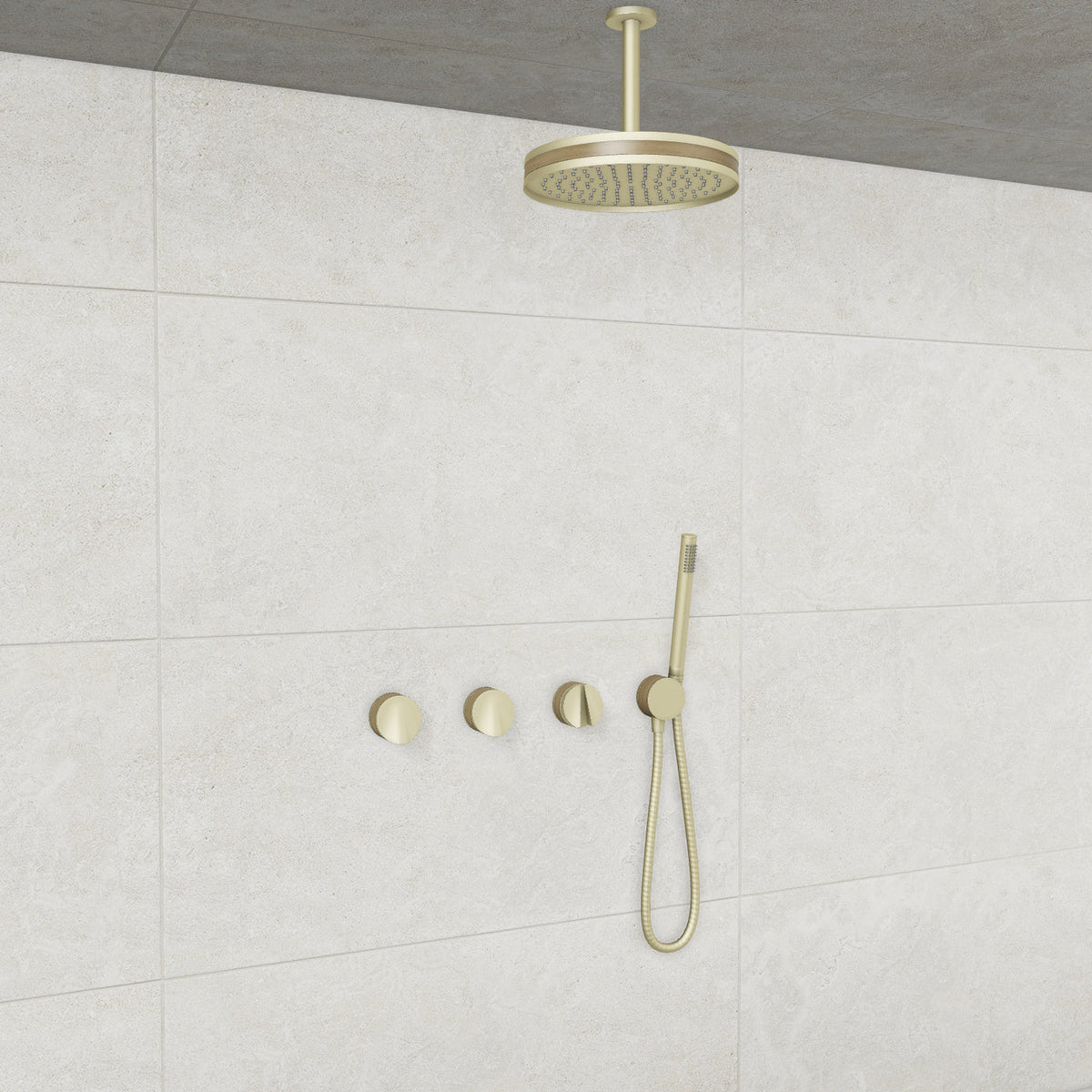 Baril Flora B47 ceiling-mount thermostatic shower system in Satin Brass with Wood accents — TRR-3302-47