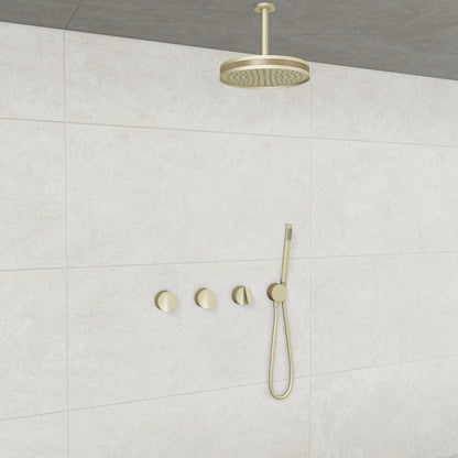 Baril Flora B47 ceiling-mount thermostatic shower system in Satin Brass with Wood accents — TRR-3302-47