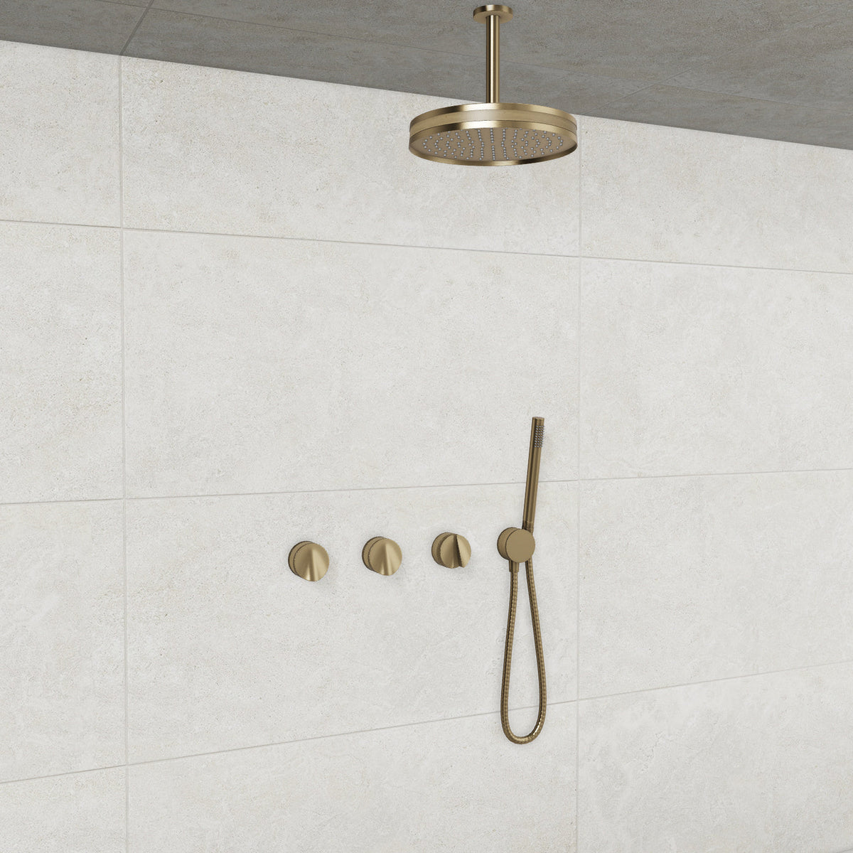 Baril Flora B47 ceiling-mount thermostatic shower system in Warm Gold with Wood accents — TRR-3302-47