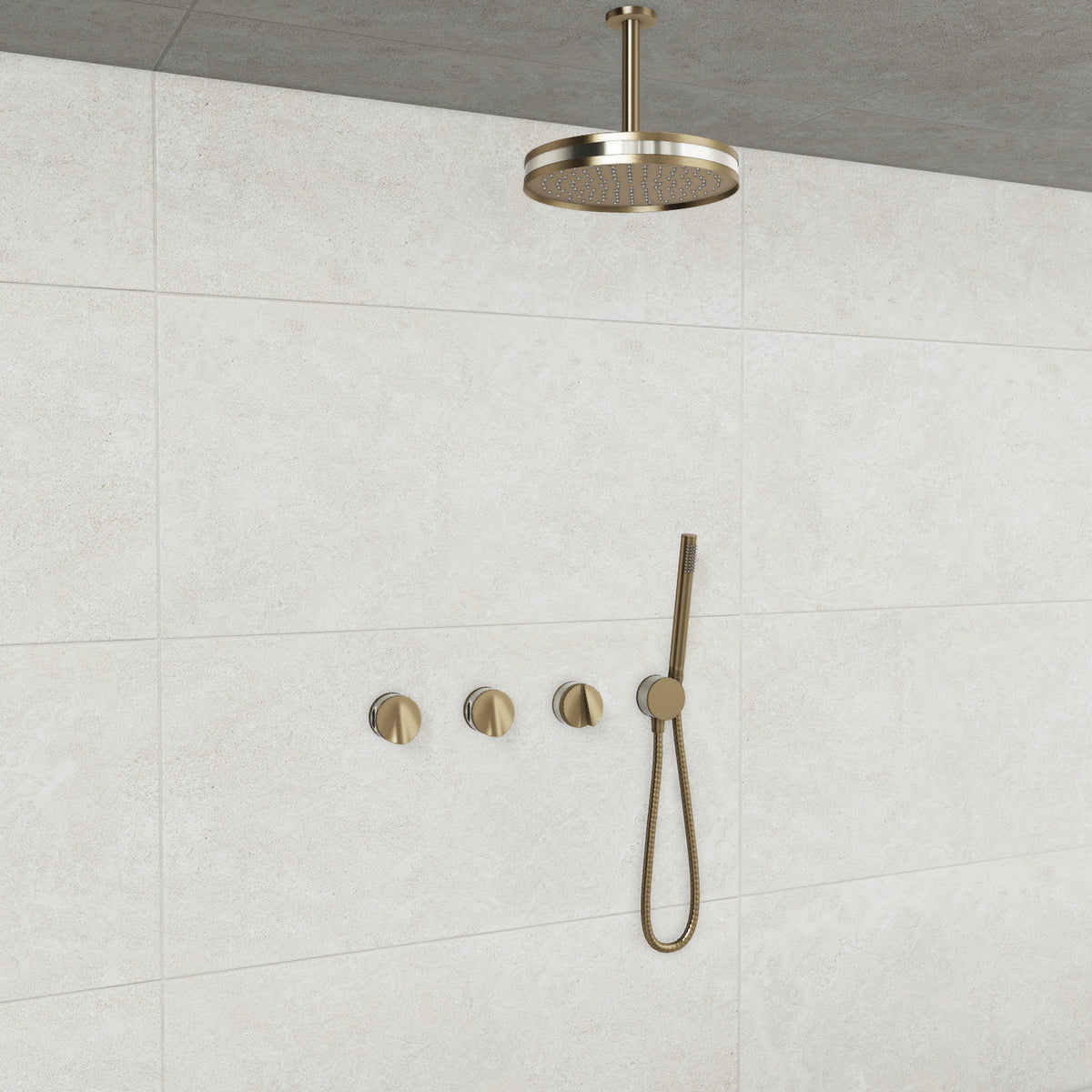 Baril Flora B47 ceiling-mount thermostatic shower system in Warm Gold with Polished Nickel accents — TRR-3302-47