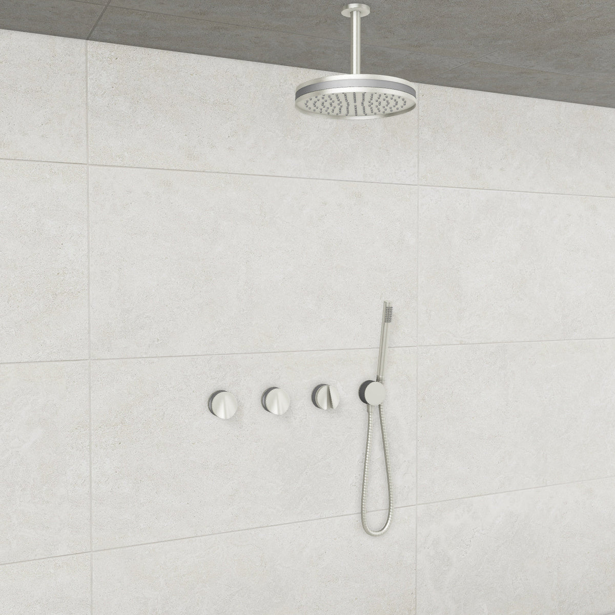 Baril Flora B47 ceiling-mount thermostatic shower system in Brushed Nickel with Matte Silver accents — TRR-3302-47