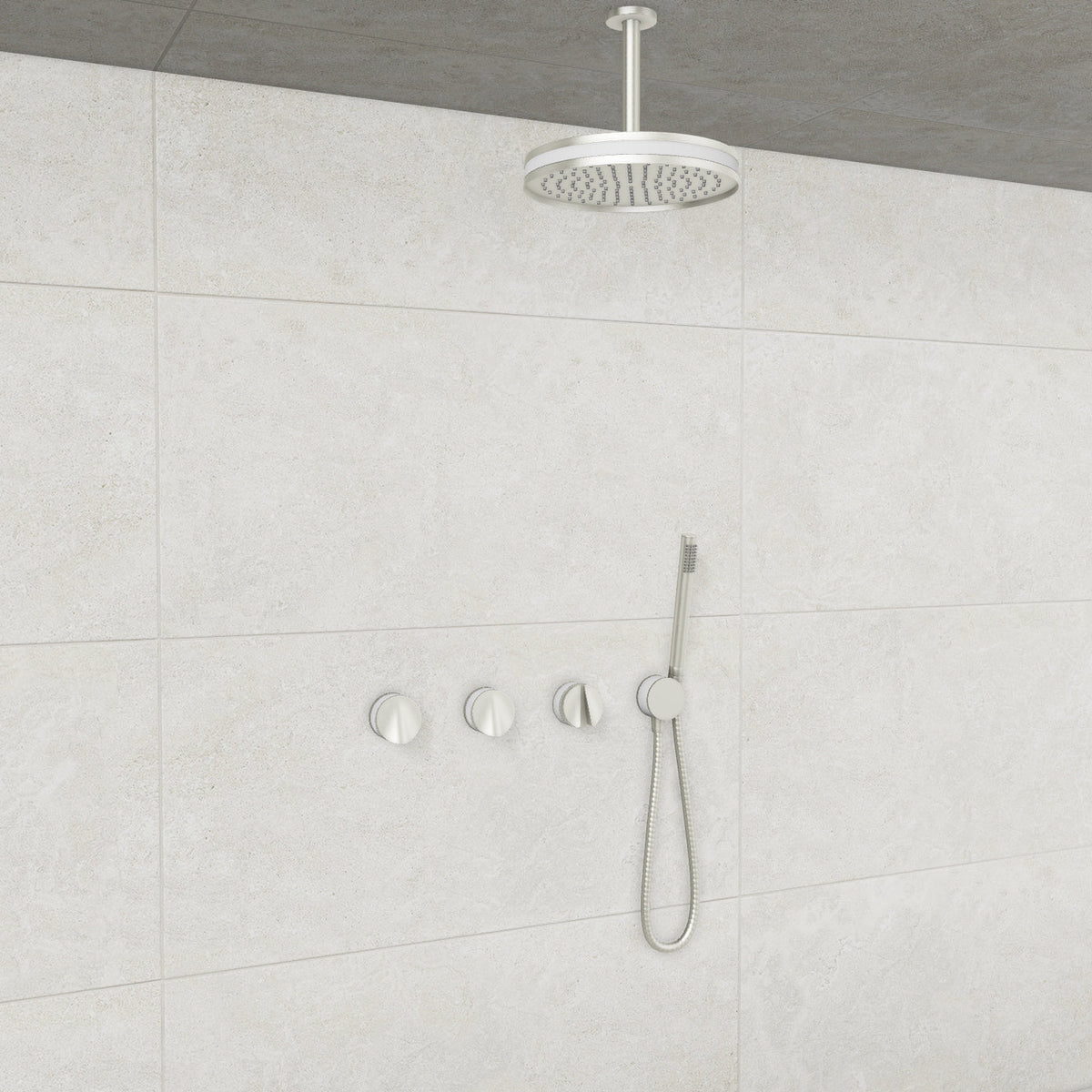 Baril Flora B47 ceiling-mount thermostatic shower system in Brushed Nickel with White accents — TRR-3302-47