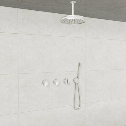 Baril Flora B47 ceiling-mount thermostatic shower system in Brushed Nickel with White accents — TRR-3302-47