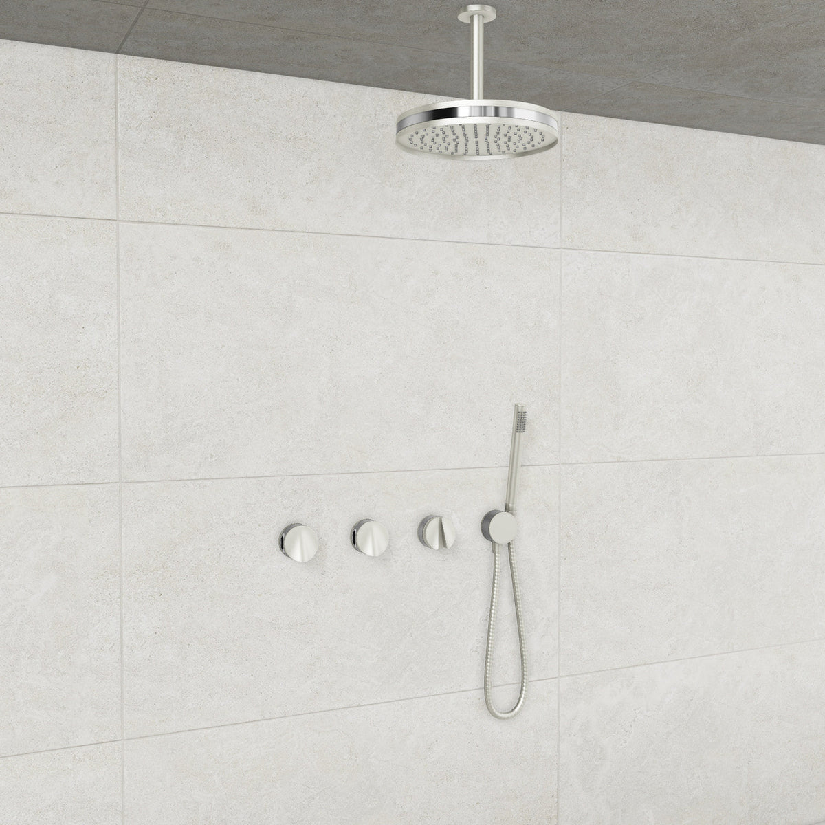 Baril Flora B47 ceiling-mount thermostatic shower system in Brushed Nickel with Chrome accents — TRR-3302-47