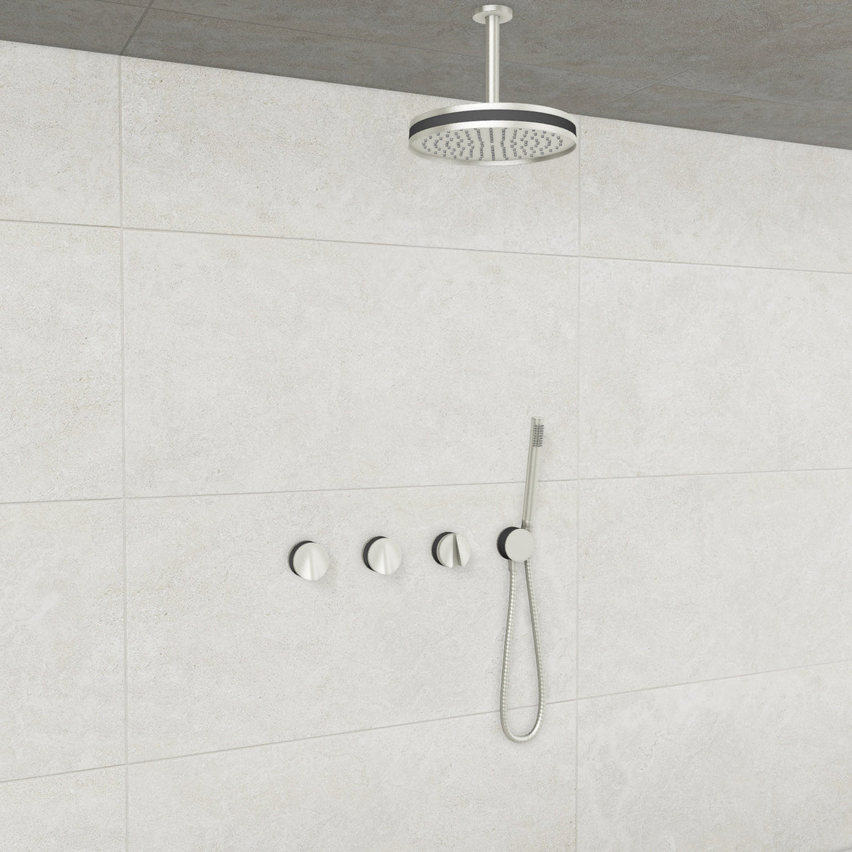 Baril Flora B47 ceiling-mount thermostatic shower system in Brushed Nickel with Smokey accents — TRR-3302-47