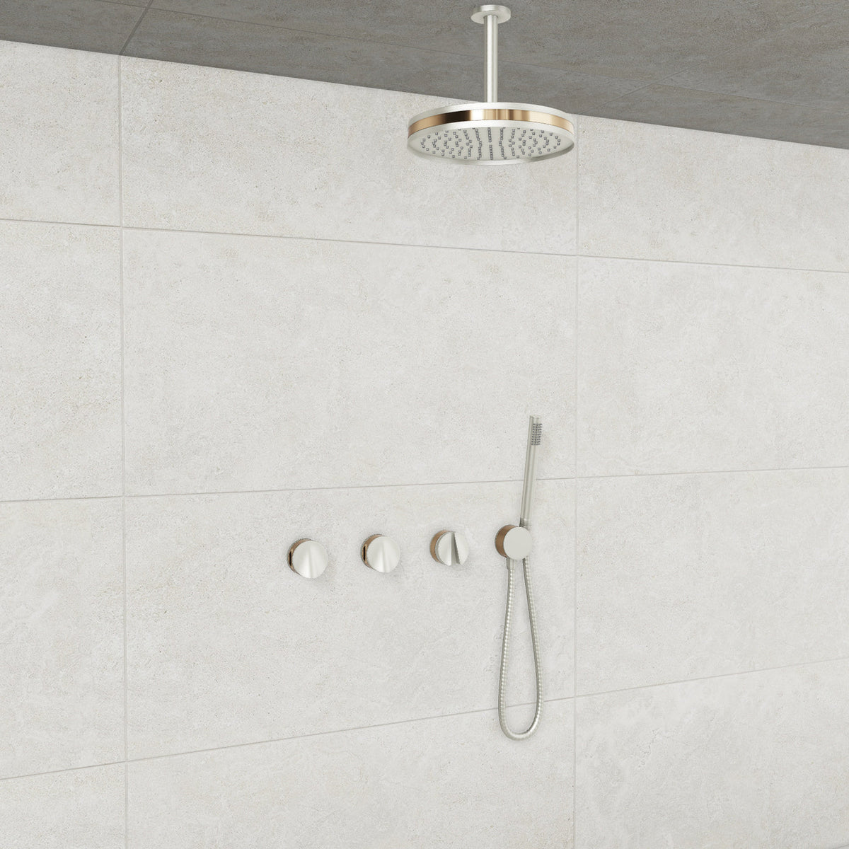 Baril Flora B47 ceiling-mount thermostatic shower system in Brushed Nickel with Gold accents — TRR-3302-47