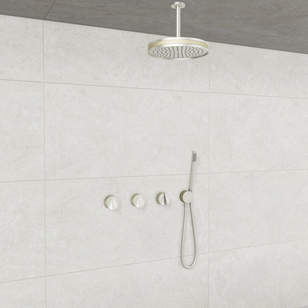 Baril Flora B47 ceiling-mount thermostatic shower system in Brushed Nickel with Satin Brass accents — TRR-3302-47