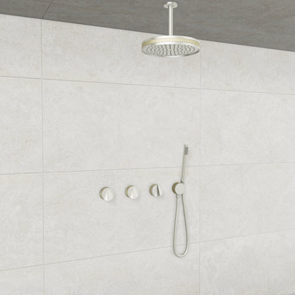 Baril Flora B47 ceiling-mount thermostatic shower system in Brushed Nickel with Satin Brass accents — TRR-3302-47