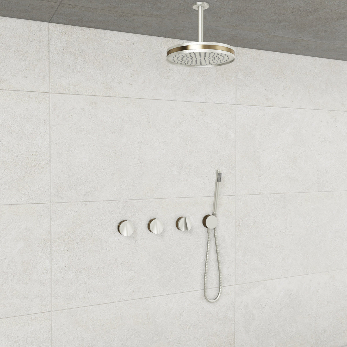 Baril Flora B47 ceiling-mount thermostatic shower system in Brushed Nickel with Warm Gold accents — TRR-3302-47