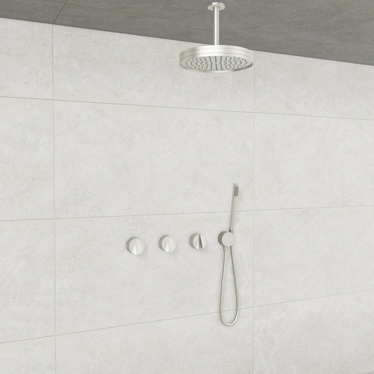 Baril Flora B47 ceiling-mount thermostatic shower system in Brushed Nickel with Brushed Nickel accents — TRR-3302-47