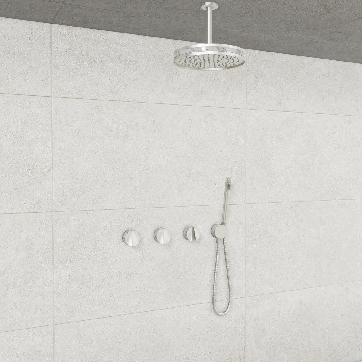 Baril Flora B47 ceiling-mount thermostatic shower system in Brushed Nickel with Marble accents — TRR-3302-47