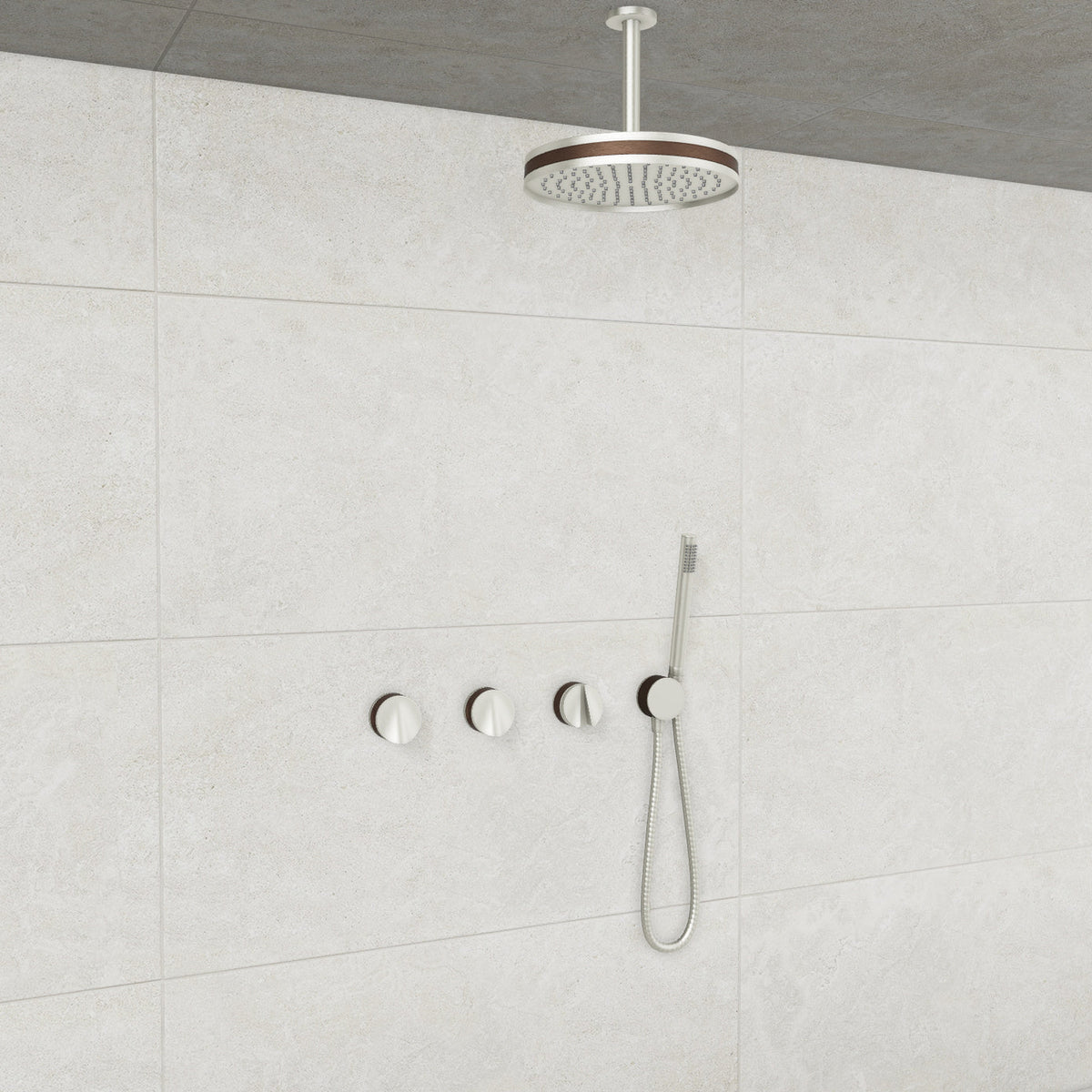 Baril Flora B47 ceiling-mount thermostatic shower system in Brushed Nickel with Venetian Bronze accents — TRR-3302-47
