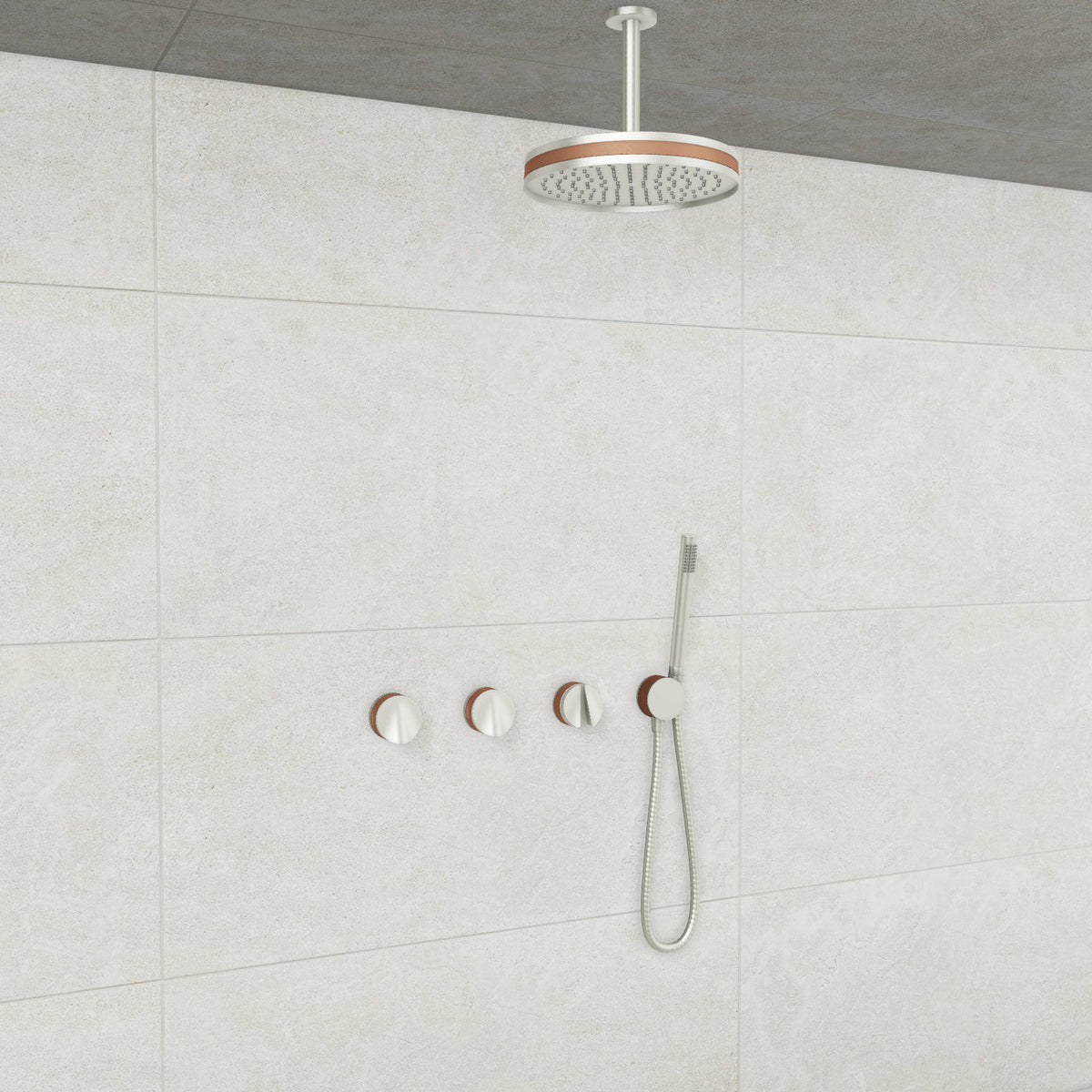 Baril Flora B47 ceiling-mount thermostatic shower system in Brushed Nickel with Satin Copper accents — TRR-3302-47