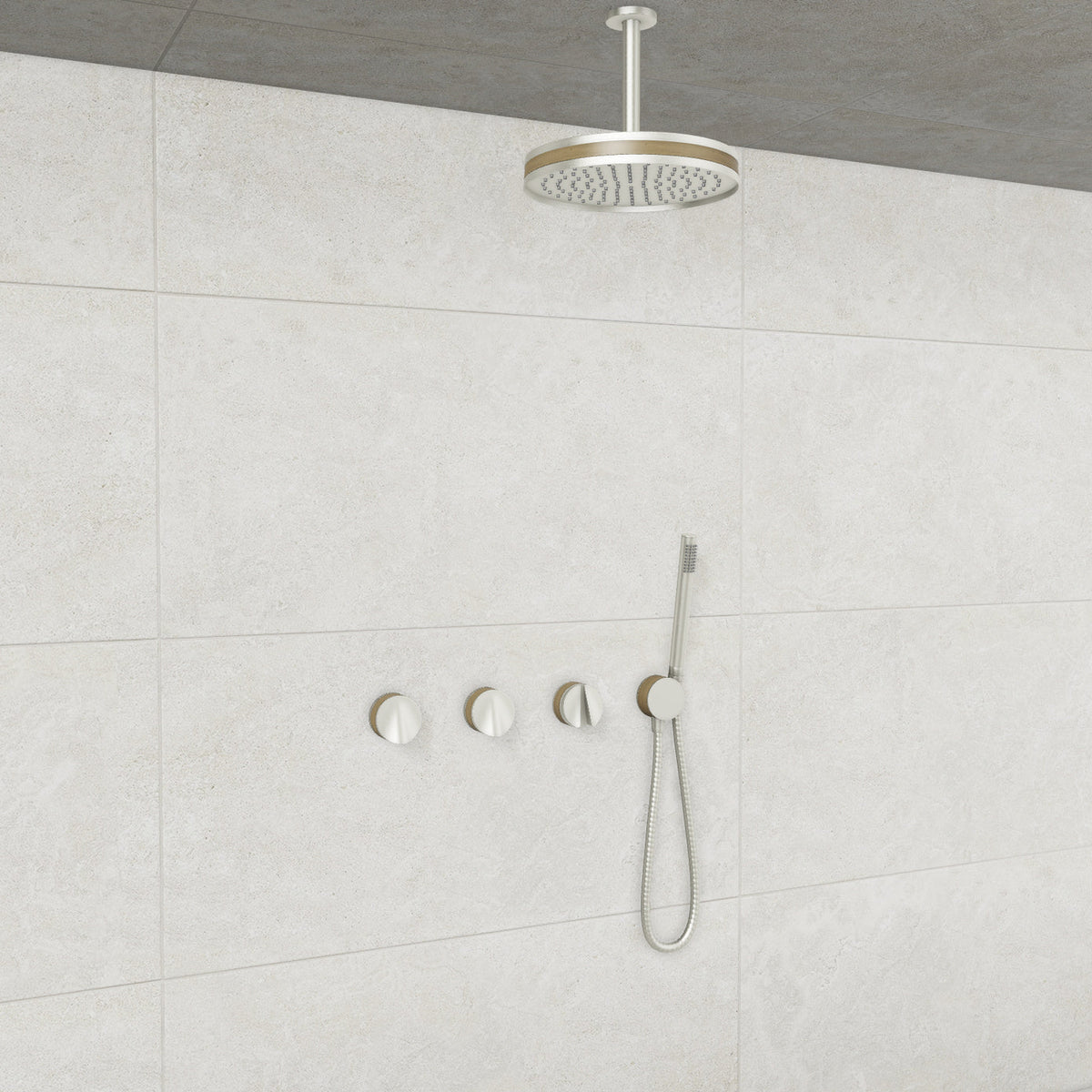 Baril Flora B47 ceiling-mount thermostatic shower system in Brushed Nickel with Wood accents — TRR-3302-47