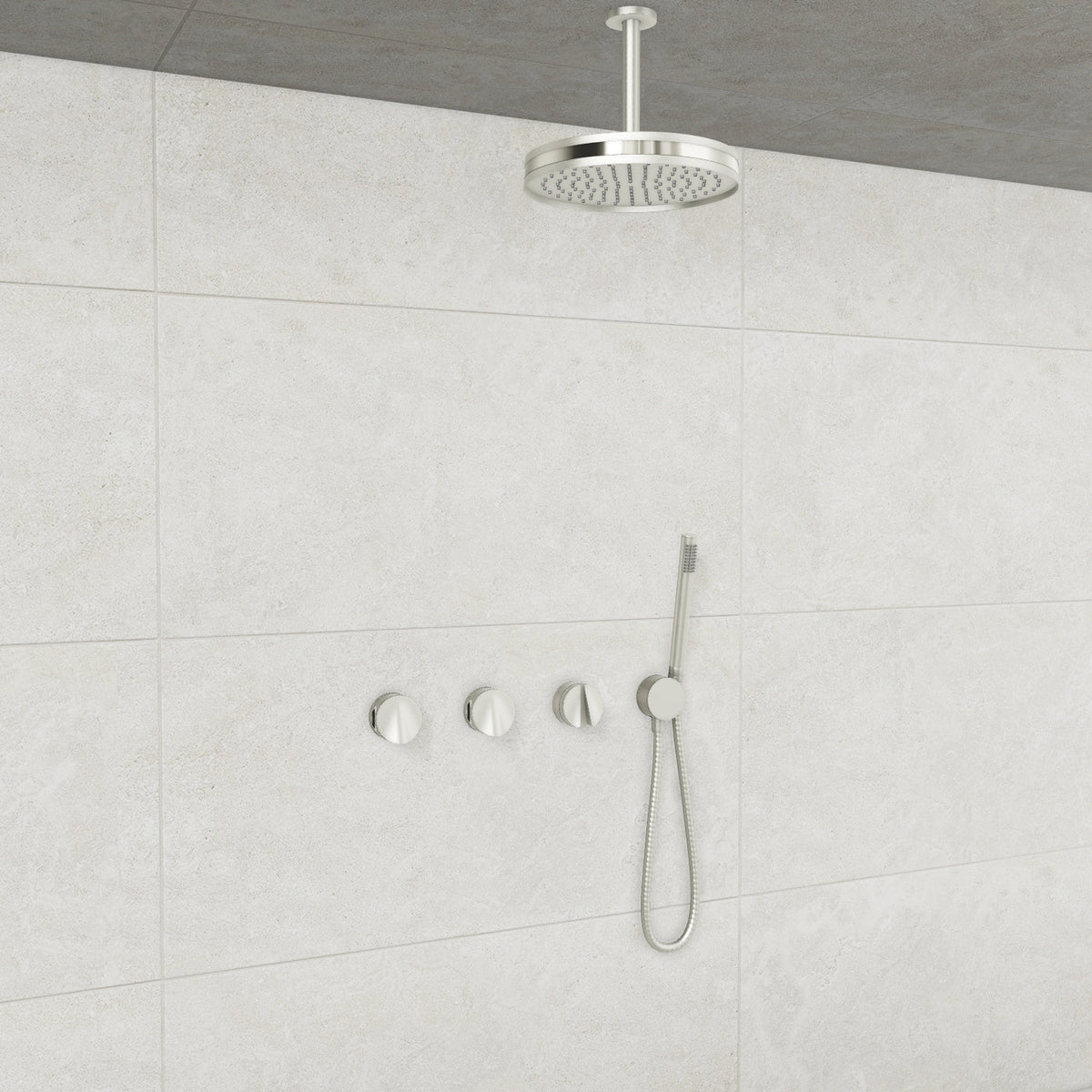 Baril Flora B47 ceiling-mount thermostatic shower system in Brushed Nickel with Polished Nickel accents — TRR-3302-47