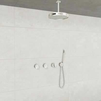 Baril Flora B47 ceiling-mount thermostatic shower system in Brushed Nickel with Polished Nickel accents — TRR-3302-47