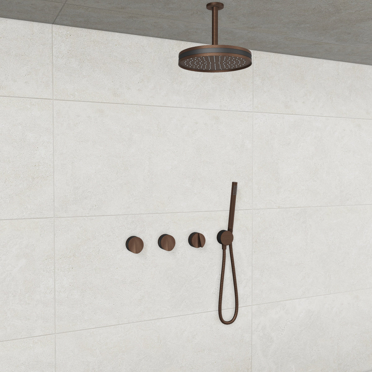 Baril Flora B47 ceiling-mount thermostatic shower system in Venetian Bronze with Matte Black accents — TRR-3302-47