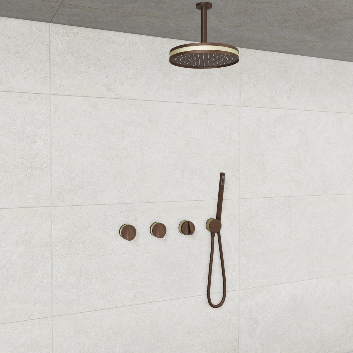 Baril Flora B47 ceiling-mount thermostatic shower system in Venetian Bronze with Satin Brass accents — TRR-3302-47