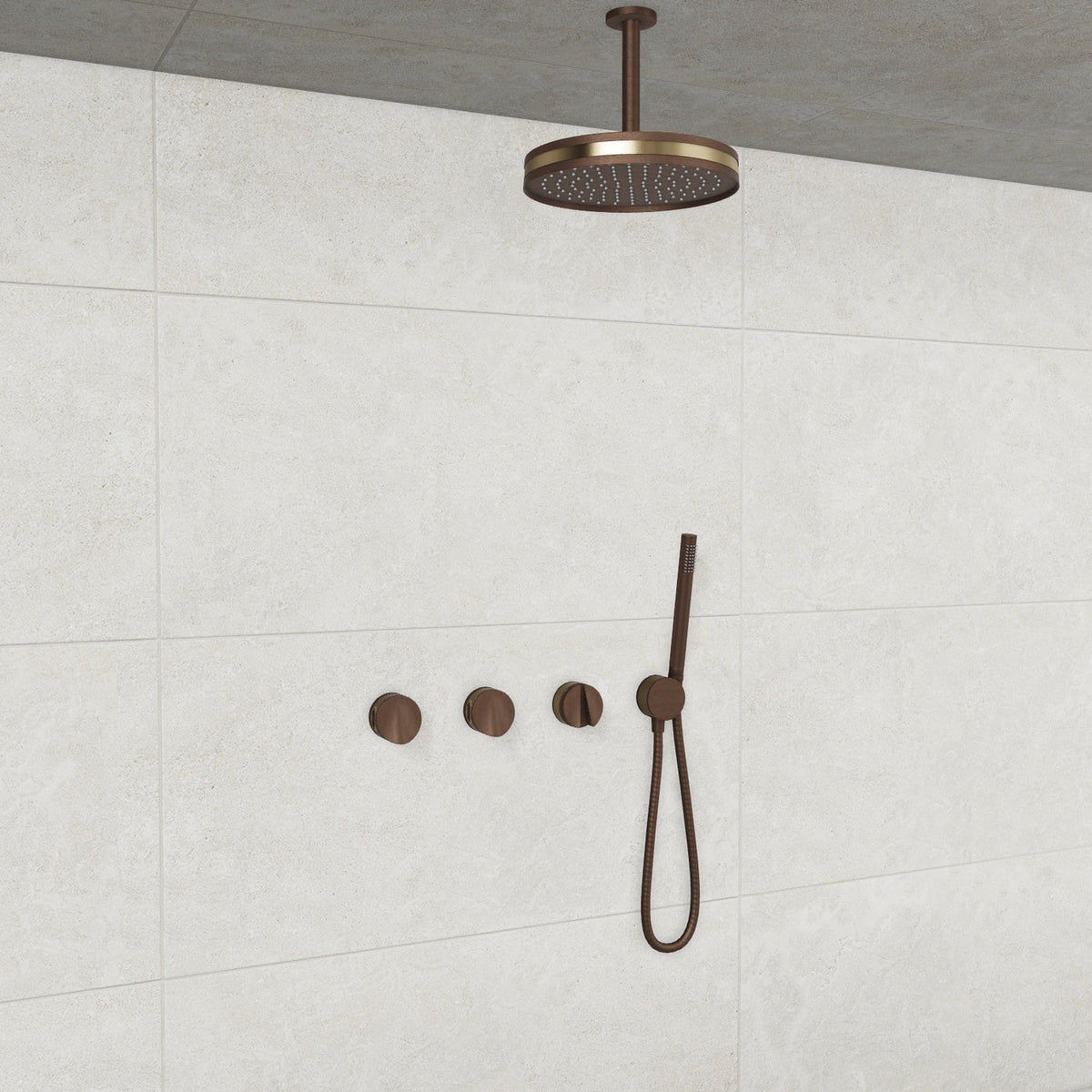 Baril Flora B47 ceiling-mount thermostatic shower system in Venetian Bronze with Warm Gold accents — TRR-3302-47