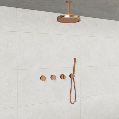 Baril Flora B47 ceiling-mount thermostatic shower system in Satin Copper with Warm Gold accents — TRR-3302-47